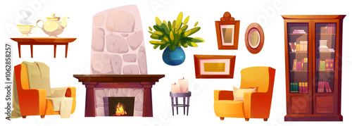 Cozy living room set with stone fireplace, comfy armchairs, wooden bookcase filled with literature. Coffee table holds teapot and cups. Candles on stand and decorative frames, green plant in blue vase