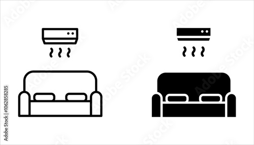 Apartment interior pixel perfect linear icon set. Living room furniture on white background
