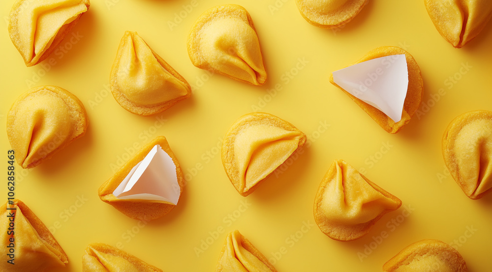 Fortune cookies on yellow background top view, created with Generative AI technology Fortune cookies on yellow background top view, created with Generative AI technology