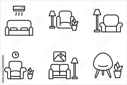Apartment interior pixel perfect linear icon set. Living room furniture on white background