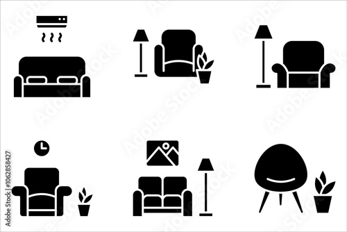 Apartment interior pixel perfect linear icon set. Living room furniture on white background