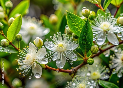 Candid Photography of Myrtle Bush with Raindrops and White Flowers Captured Using Focus Stacking Technique in Spain's Lush Landscape photo