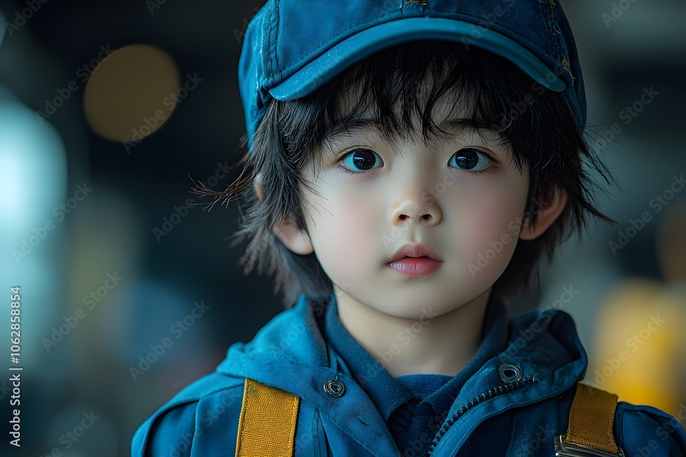 Curious child in blue hat with straps: portrait of wonder and innocence Curious child in blue hat with straps: portrait of wonder and innocence