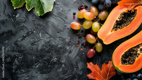 Copy space adorned with a close-up of ripe papaya slices and grapes, inviting viewers to indulge in autumn flavors photo