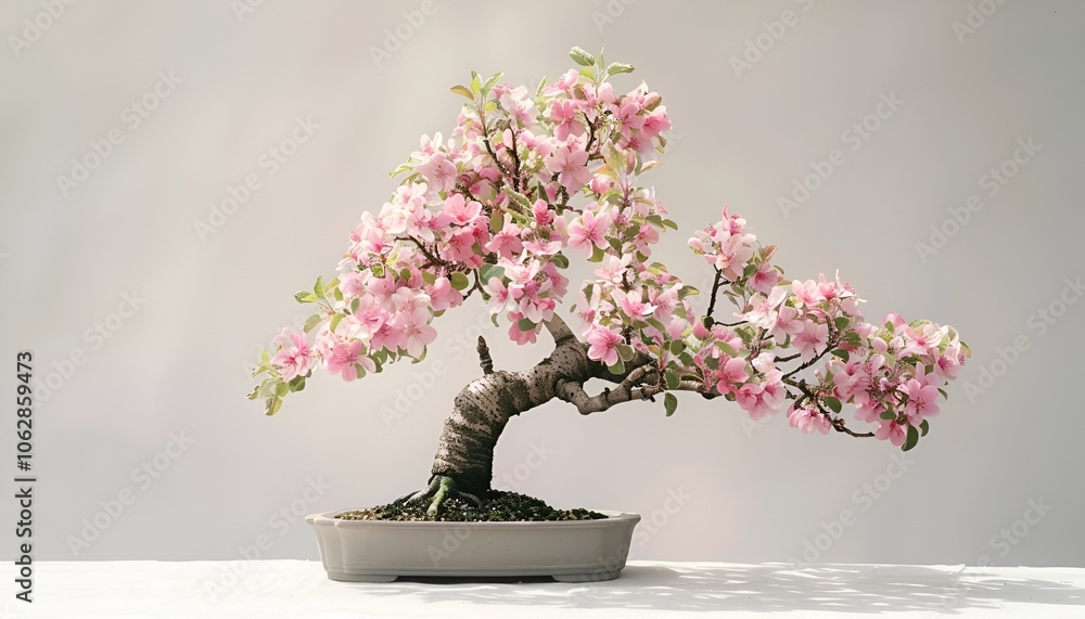 A delicate flowering crabapple bonsai tree with soft pink blossoms, elegantly displayed against a plain white background. The simplicity enhances the natural beauty of the tree. A delicate flowering crabapple bonsai tree with soft pink blossoms, elegantly displayed against a plain white background. The simplicity enhances the natural beauty of the tree.