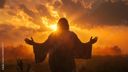 Rear view of Jesus Christ stretching out his hands and praying at sunset