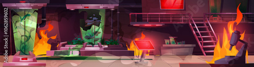 Damaged spacecraft laboratory in fire flames spreads near scientific equipment, emergency lights glow red, broken test tubes spill glowing substances, experimental plants in cracked containers.