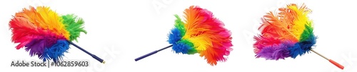 The image features three colorful feather dusters, showcasing vibrant rainbow hues, designed for cleaning and decoration. photo