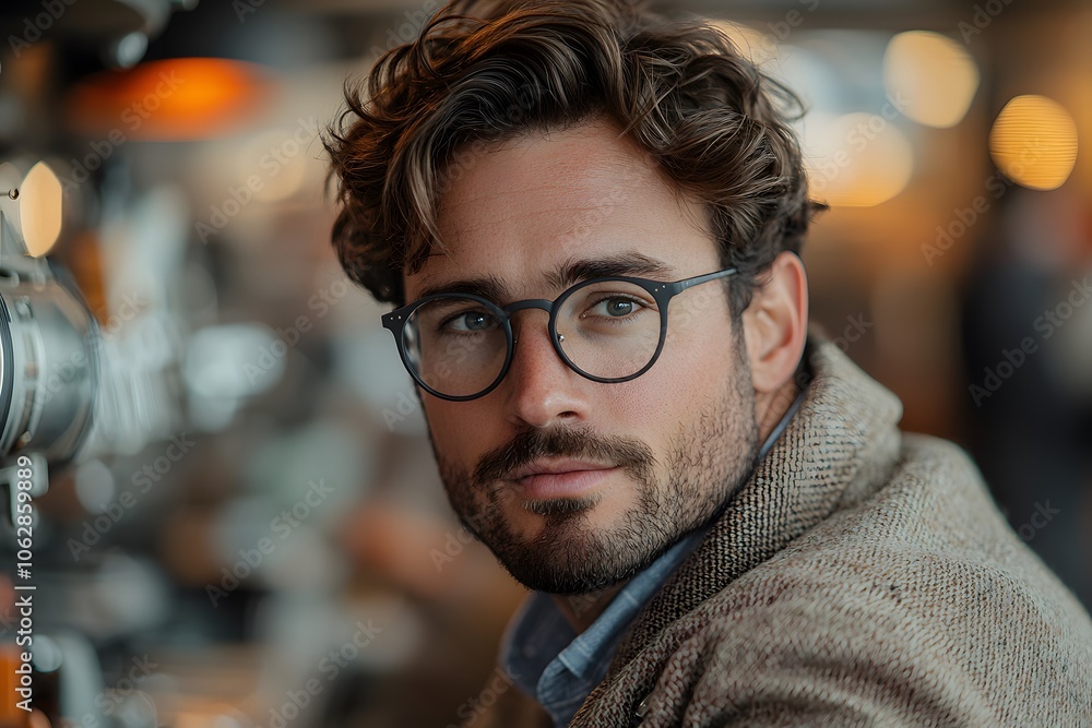 Stylish man with glasses in urban cafe setting looking thoughtful Stylish man with glasses in urban cafe setting looking thoughtful