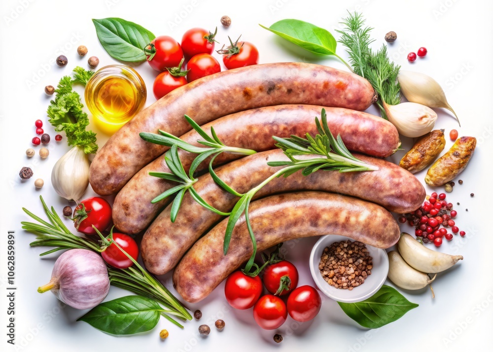 Captivating Double Exposure of Boiled Sausages Merging with Culinary Ingredients on a White Background for Food Photography Captivating Double Exposure of Boiled Sausages Merging with Culinary Ingredients on a White Background for Food Photography