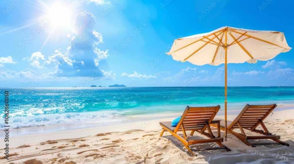 A beach scene with two beach chairs under a white umbrella. The chairs are facing the ocean and the umbrella is providing shade. Scene is relaxing and peaceful A beach scene with two beach chairs under a white umbrella. The chairs are facing the ocean and the umbrella is providing shade. Scene is relaxing and peaceful