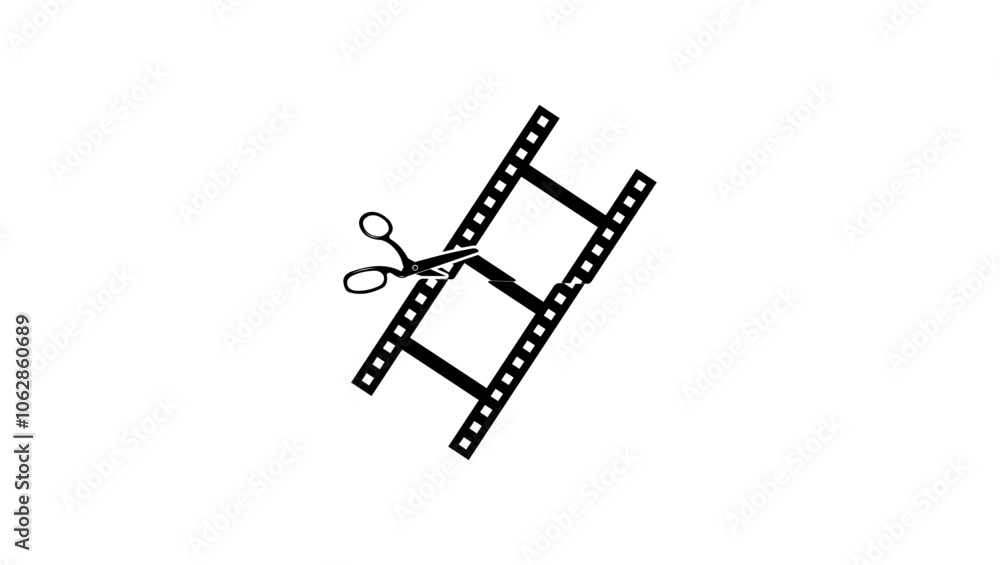 Movie editing emblem, black isolated silhouettes of scissors Movie editing emblem, black isolated silhouettes of scissors