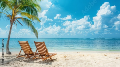 Two beach chairs are set up on the beach, facing the ocean. The chairs are empty, and there is a glass of water on the sand