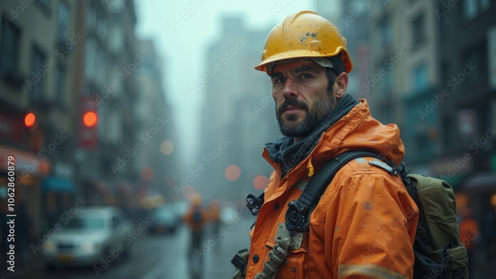 Urban resilience: determined construction worker in vibrant cityscape