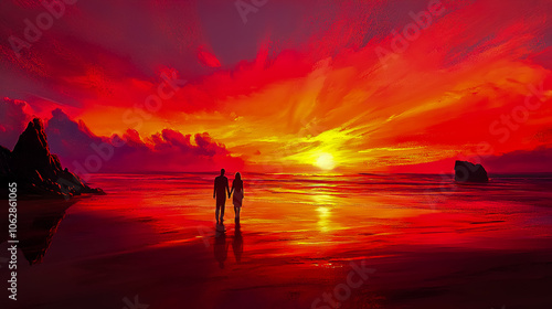 A scenic sunset view over a romantic beach, with a couple walking hand-in-hand along the shore.