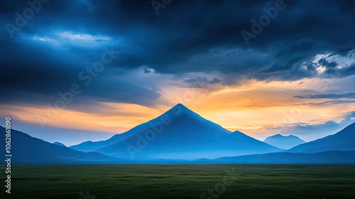 Majestic mountain silhouette under dramatic sunset sky with vibrant colors.