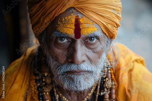 Portrait of an elderly hindu sadhu in traditional orange garb and religious face paint photo