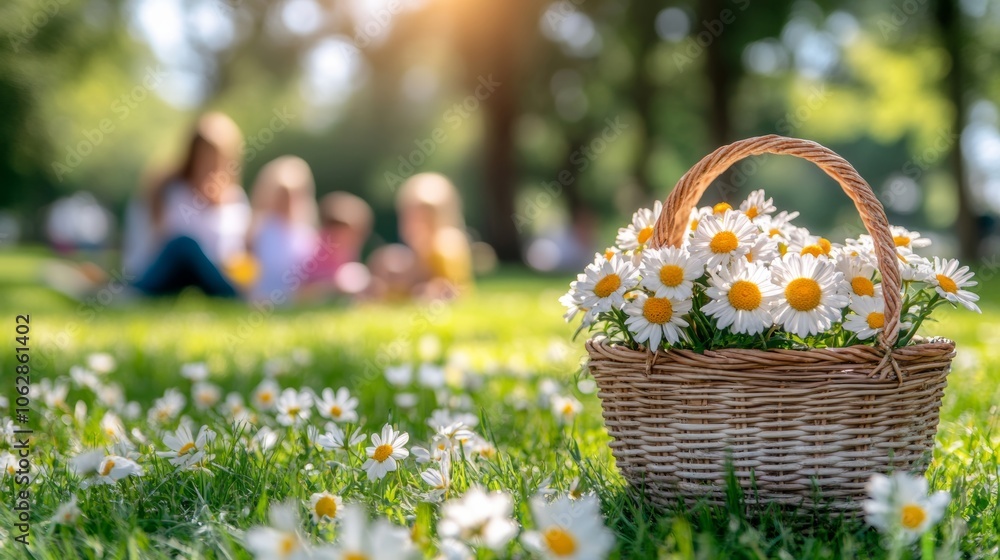 Wicker Basket of Daisies in a Meadow with Blurred Family in Background Wicker Basket of Daisies in a Meadow with Blurred Family in Background
