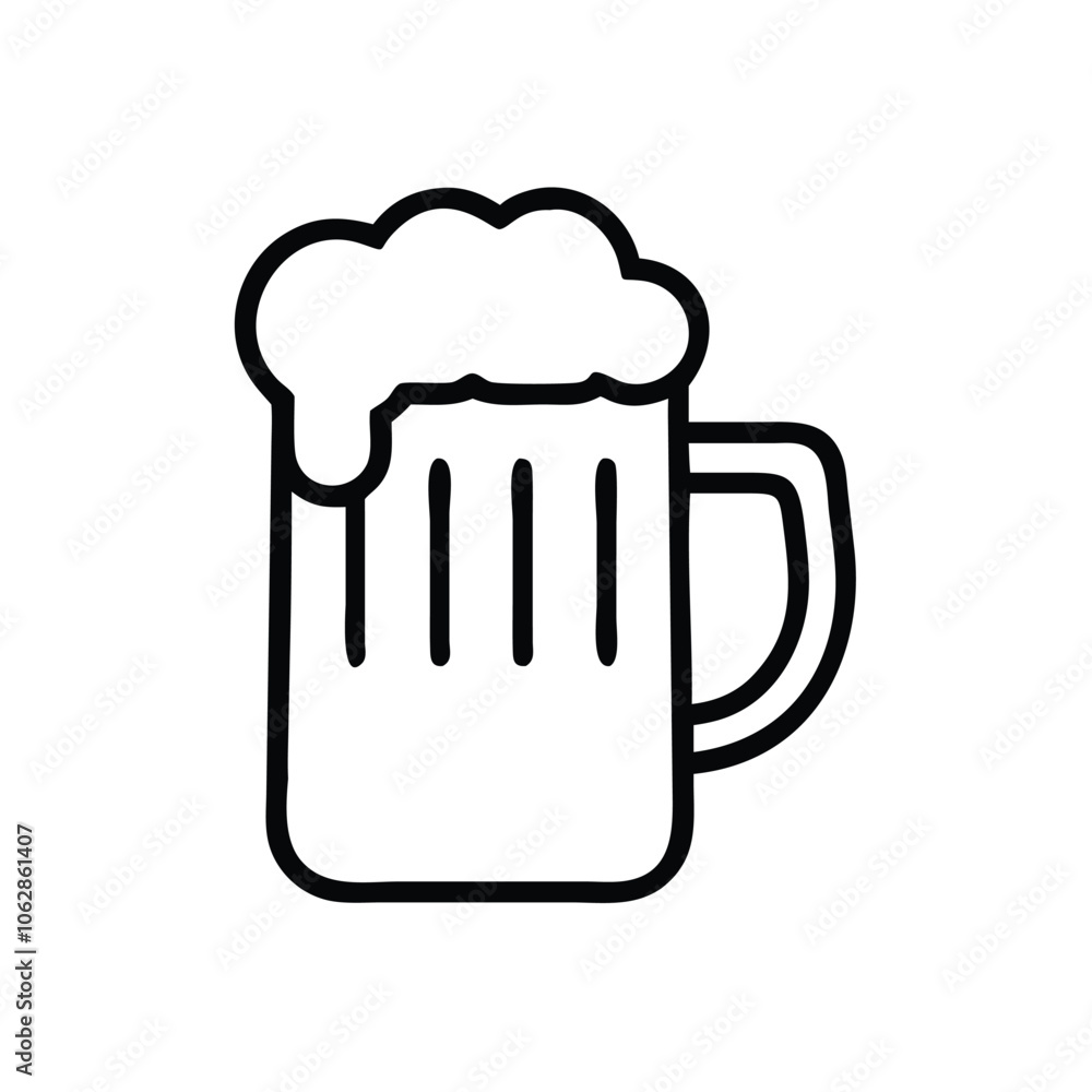 Beer mug with foam outline icon, Simple black and white outline icon of a beer mug with foam on top, symbolizing celebration or drinks, isolated on a white background. Beer mug with foam outline icon, Simple black and white outline icon of a beer mug with foam on top, symbolizing celebration or drinks, isolated on a white background.