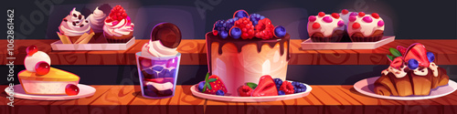 Dessert shop display with cakes and muffins. Vector cartoon illustration of shelf with chocolate pie, cheesecake, ice cream, croissant cupcakes decorated with fruit and berries, confectionery window