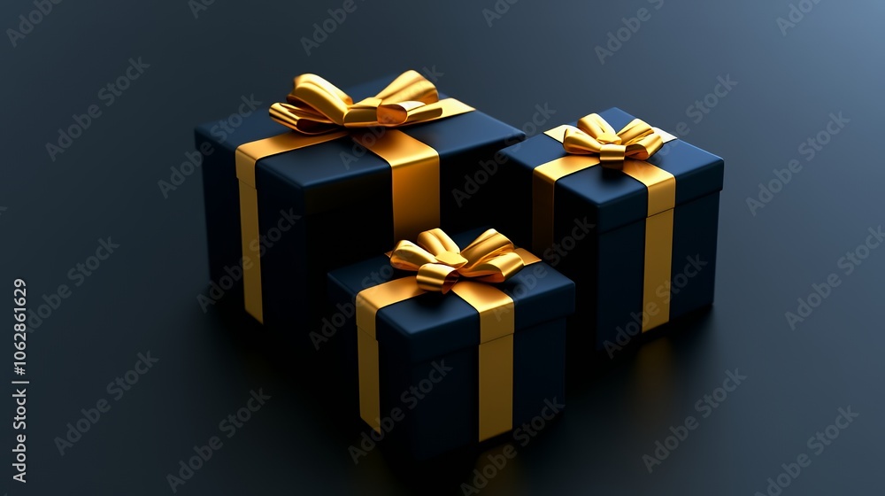 Three black gift boxes with gold bows and ribbons on a black background. Three black gift boxes with gold bows and ribbons on a black background.