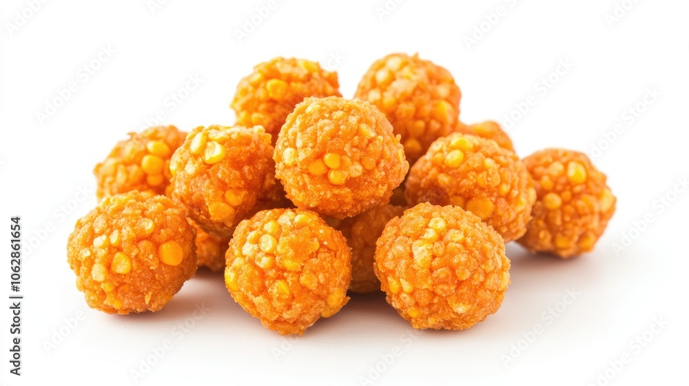 A pile of crispy cheese ball corn snacks isolated on a clean white background, perfect for food-related stock photos. A pile of crispy cheese ball corn snacks isolated on a clean white background, perfect for food-related stock photos.
