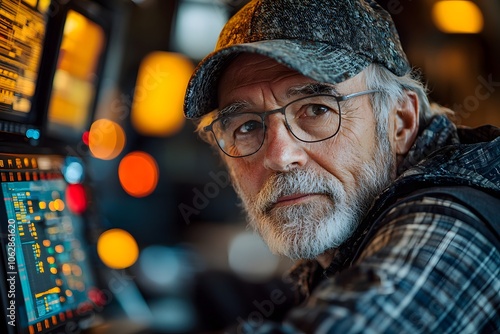 Senior man with beard controlling high-tech equipment in cozy setting