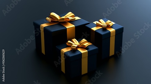 Three black gift boxes with gold bows and ribbons on a black background.