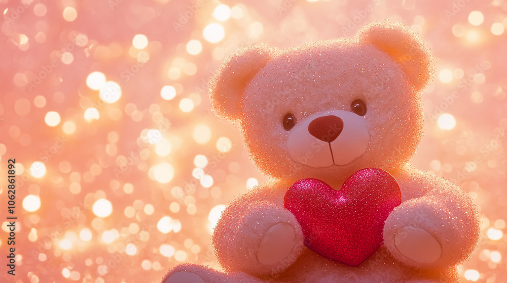 A soft, plush teddy bear holding a heart, set against a sparkling pink background. A soft, plush teddy bear holding a heart, set against a sparkling pink background.
