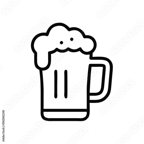 Beer mug with foam outline icon, Simple black and white outline icon of a beer mug with foam on top, symbolizing celebration or drinks, isolated on a white background.