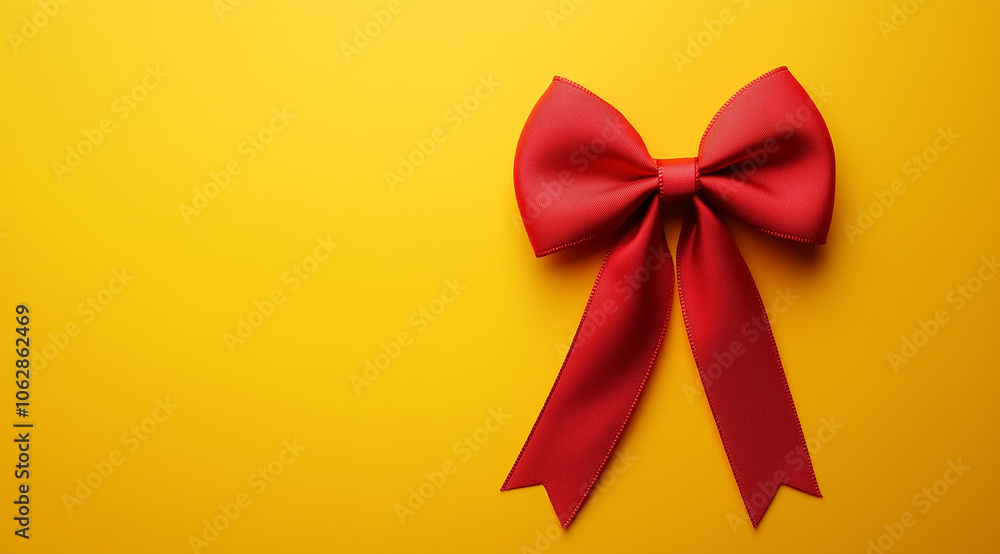 Red ribbon bow on a yellow background with space for text, created with Generative AI technology Red ribbon bow on a yellow background with space for text, created with Generative AI technology