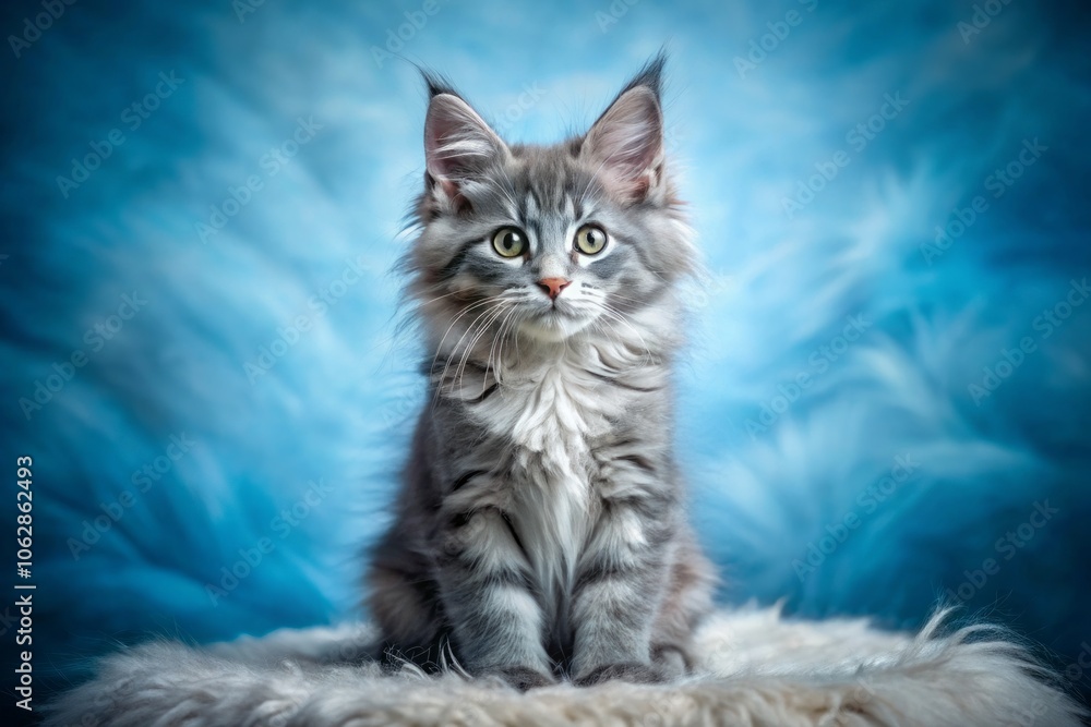Captivating Portrait of a Beautiful Blue Maine Coon Kitten Against a Soft Blue Background, Showcasing Its Unique Fur Patterns and Striking Eyes in an Enchanting Setting Captivating Portrait of a Beautiful Blue Maine Coon Kitten Against a Soft Blue Background, Showcasing Its Unique Fur Patterns and Striking Eyes in an Enchanting Setting