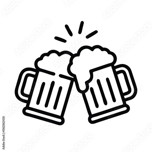 Beer mugs clinking outline icon, Black and white outline icon of two beer mugs clinking with foam spilling over, representing celebration or cheers, isolated on white.