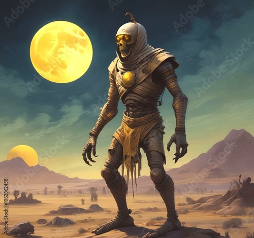 Illustration of creepy mummy with dark landscape.