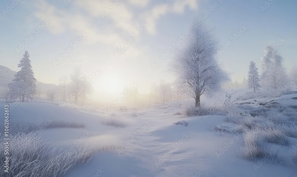 Snowy landscapes with vast white fields, untouched snow, and delicately snow-covered trees create a magical atmosphere of serenity and purity Snowy landscapes with vast white fields, untouched snow, and delicately snow-covered trees create a magical atmosphere of serenity and purity