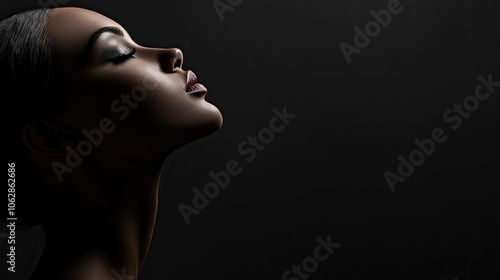 Profile of a serene woman with elegant features against a dark backdrop.