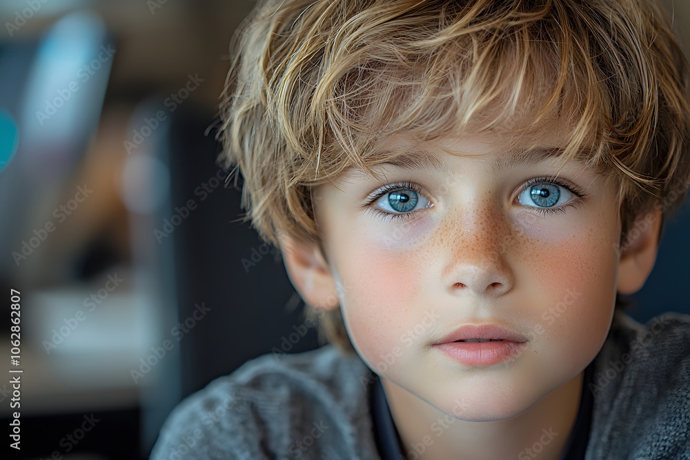Captivating blue-eyed child with freckles in thoughtful expression Captivating blue-eyed child with freckles in thoughtful expression