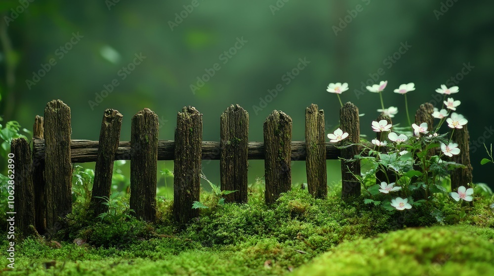 Naklejka premium A quiet, natural setting with a rustic fence, delicate flowers growing at its base, and moss covering the ground, creating a serene atmosphere.