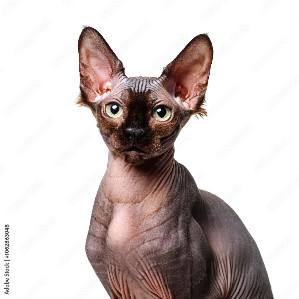 Naked Cat - Looking Curiously, Funny, Scared - Sitting or Standing on White Background / Transparent - Beautiful and Cute Cat Breed - Hairless Sphynx