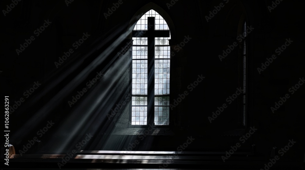 Dark silhouette of a church window illuminating the beauty of Christian faith Dark silhouette of a church window illuminating the beauty of Christian faith