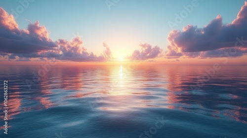 Serene sunset over calm ocean waters, reflecting vibrant colors.