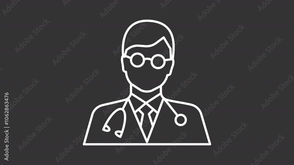 Doctor white line animation. Male physician animated icon. Shaking head, moving stethoscope. Healthcare job. Isolated illustration on dark background. Transition alpha video. Motion graphic Doctor white line animation. Male physician animated icon. Shaking head, moving stethoscope. Healthcare job. Isolated illustration on dark background. Transition alpha video. Motion graphic