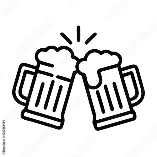 Beer mugs clinking outline icon, Black and white outline icon of two beer mugs clinking with foam spilling over, representing celebration or cheers, isolated on white.