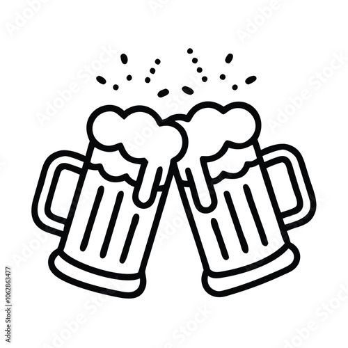 Beer mugs clinking outline icon, Black and white outline icon of two beer mugs clinking with foam spilling over, representing celebration or cheers, isolated on white.