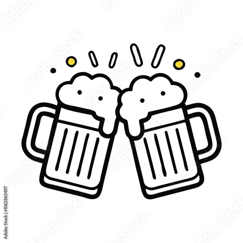 Beer mugs clinking outline icon, Black and white outline icon of two beer mugs clinking with foam spilling over, representing celebration or cheers, isolated on white.