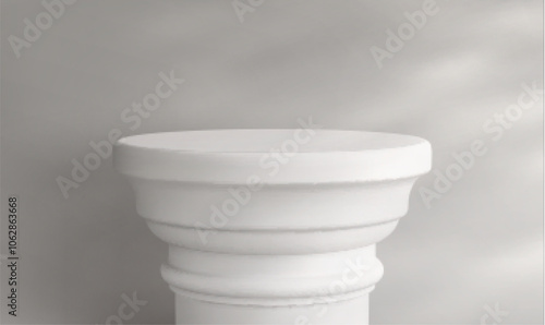 White architectural column top as elegant product podium. Realistic 3d classic style pedestal with stepped rings in studio room interior with shadow on wall. Display platform for showcasing goods.