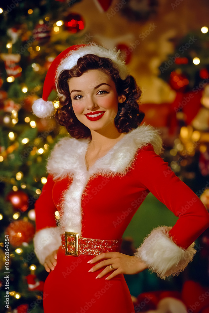 A woman in a classic Santa suit, featuring a red dress with white fur trim and a matching Santa hat, posing cheerfully for a picture. A woman in a classic Santa suit, featuring a red dress with white fur trim and a matching Santa hat, posing cheerfully for a picture.
