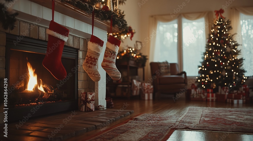 Cozy Christmas Fireplace with Stocking and Decorated Tree Cozy Christmas Fireplace with Stocking and Decorated Tree