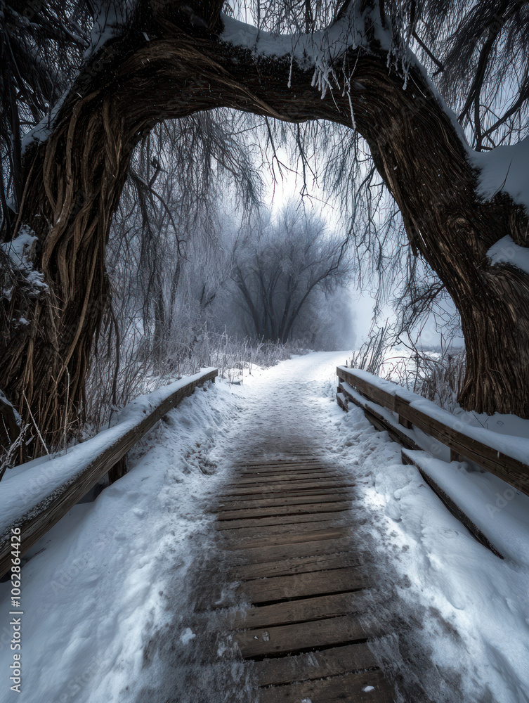 An inviting wooden pathway leads through a snow-laden arch, surrounded by frost-covered trees, creating a tranquil atmosphere in the early morning light. An inviting wooden pathway leads through a snow-laden arch, surrounded by frost-covered trees, creating a tranquil atmosphere in the early morning light.