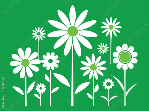 Camomile icon set. White daisy chamomile. Cute round flower plant collection. Growing concept. Love card symbol. Flat design. Green background.
